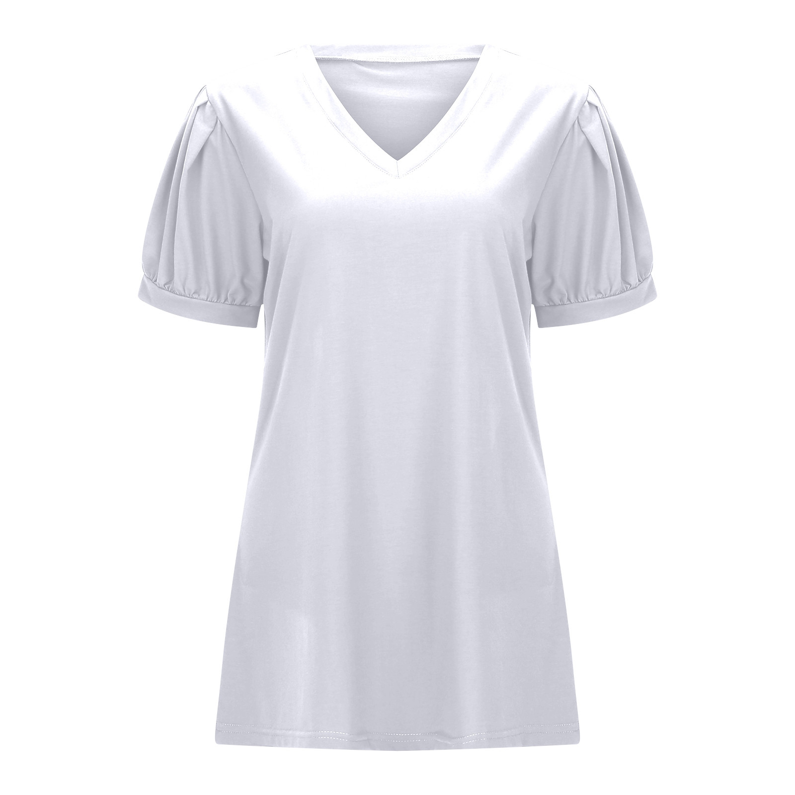 thumbnail image 4 of Camiseta holgada de manga corta y cuello en V para mujer: diseño con mangas abullonadas, cómoda mezcla de poliéster y spandex para uso informal, 4 of 8